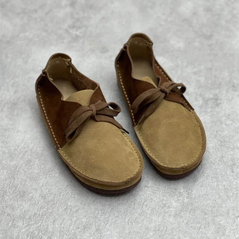 Spring Autumn Woman Genuine Leather Lace Up Smatched Colors Flat Single Shoes Lady Leisure Fashion Simple Round Toe Flats 220917