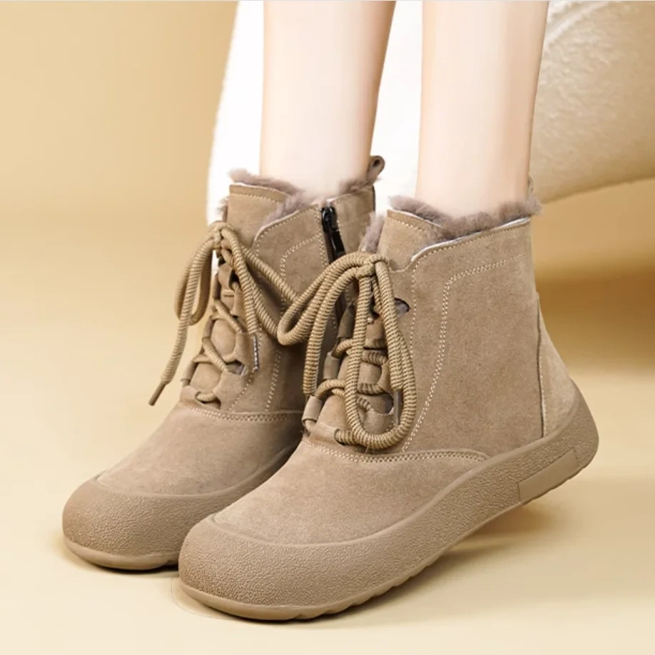 Women's New Winter Genuine Leather Round Toe Side Zipper 3.5 CM Thick Sole Warm Plush Lining Non-Slip Concise Snow Boots 51124