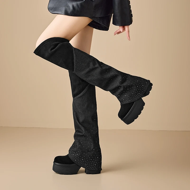 Women's 12 CM Block Heel Fashion Crystals Suede Slip On Round Toe Slimming Elevator Autumn Winter New Knee-High Boots 51118