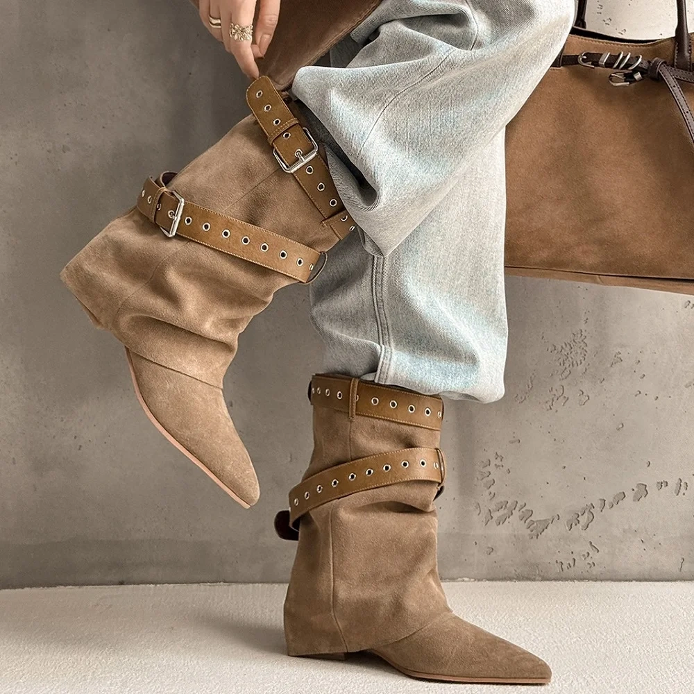 Pointed Toe Knight Boots Women Warm Winter Suede Leather Slip On Wrap Belt Buckle 3 CM Heel Spring Autumn Mid-Calf Boots 51129