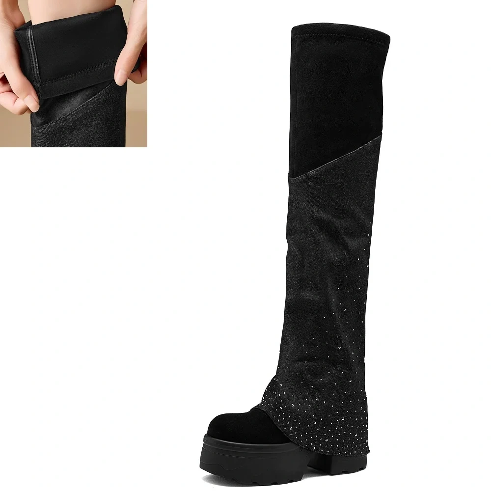 Women's 12 CM Block Heel Fashion Crystals Suede Slip On Round Toe Slimming Elevator Autumn Winter New Knee-High Boots 51118