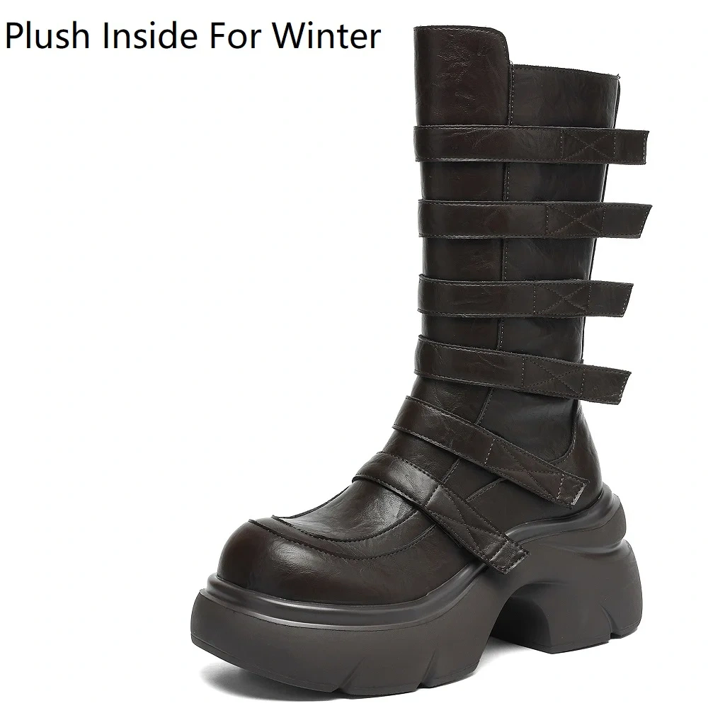 7CM Block Heel Leather Biker Boots Women's Zipper Platform British Retro Mid-Calf Boots 2025 Autumn Winter New Style 51031