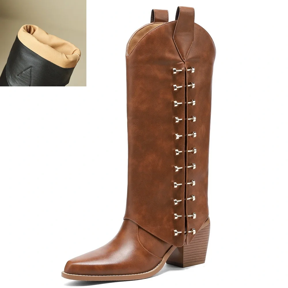 Autumn Winter Retro Maillard Style Women's Genuine Leather 7CM Block Heel Pointed Toe Fashion Rivets Niche Mid-Calf Boots 51119