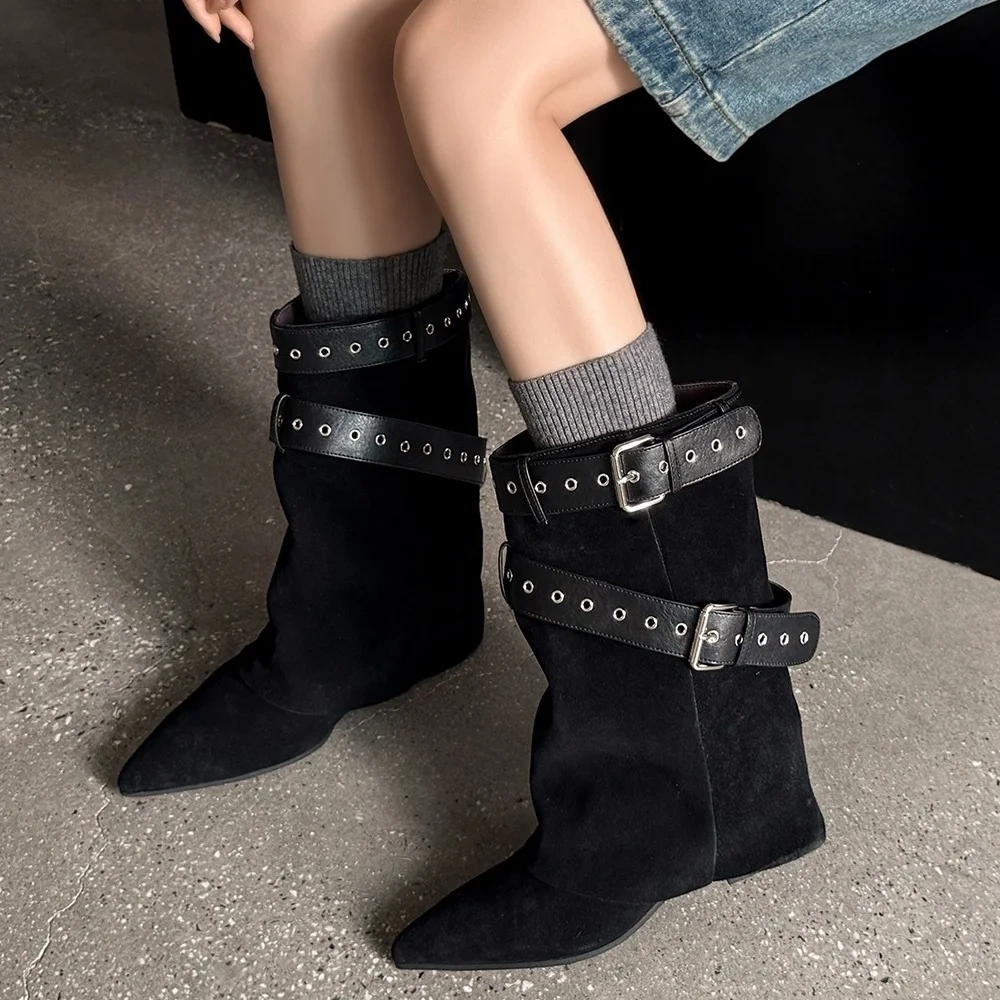 Pointed Toe Knight Boots Women Warm Winter Suede Leather Slip On Wrap Belt Buckle 3 CM Heel Spring Autumn Mid-Calf Boots 51129
