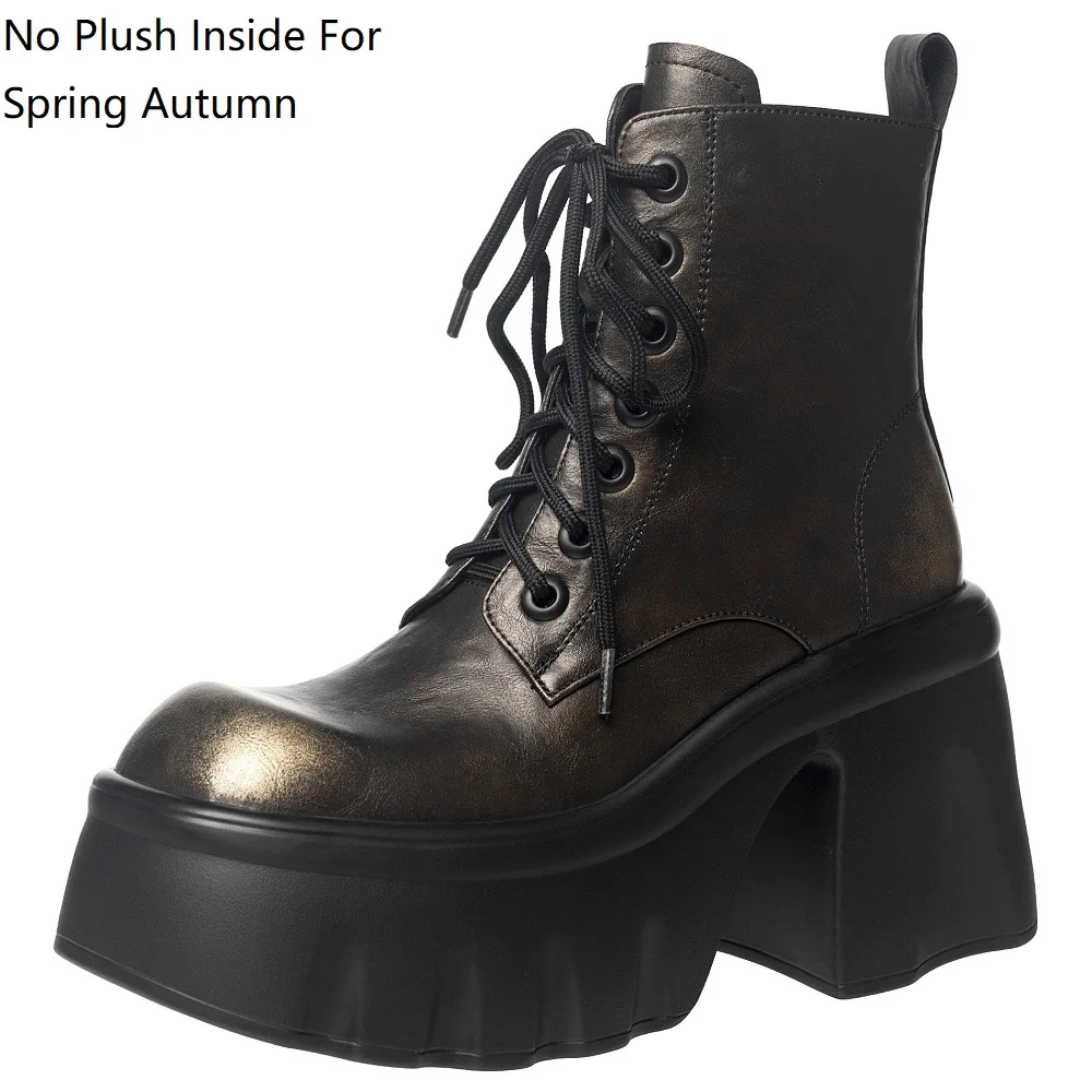 Autumn Winter Women's Genuine Leather 10 CM Block Heel Brush-Off Square Toe Zipper Platform Fleece-Lined Warm Ankle Boots 51121