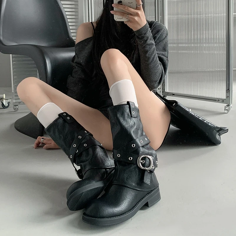 2025 Autumn Winter New Women's Maillard Vintage Genuine Leather Wrap Buckle Slip On 4 CM Block Heel Concise Mid-Calf Boots 51107