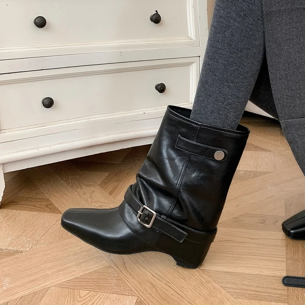 Genuine Leather Fashion Square Toe Slip On Belt Buckle Versatile Spring Autumn 5 CM Inner Elevator Winter Women's Boots 60105