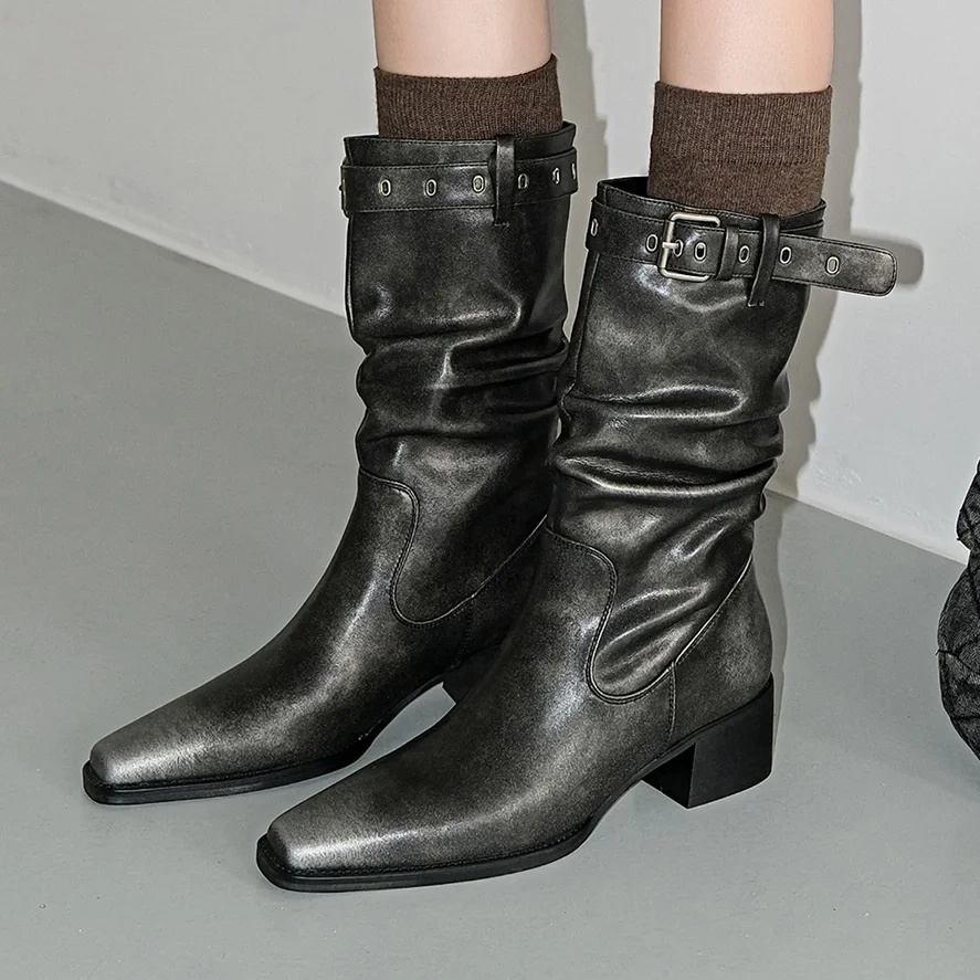Women's Retro Distressed Genuine Leather Buckle 4.5CM Block Heel Soft Sole Plush Lined Warm Winter Autumn Lazy Style Boots 51103