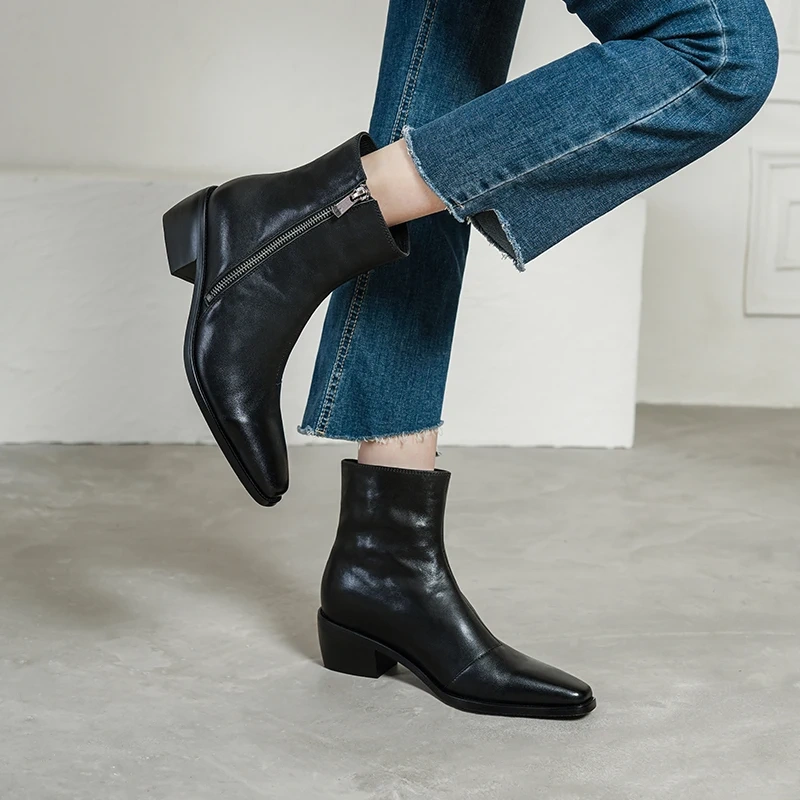 Women's Spring Autumn Chunky Heel 4.5 CM Genuine Leather Fashion Side Zipper Winter Fleece Lined Versatile Ankle Boots 60102