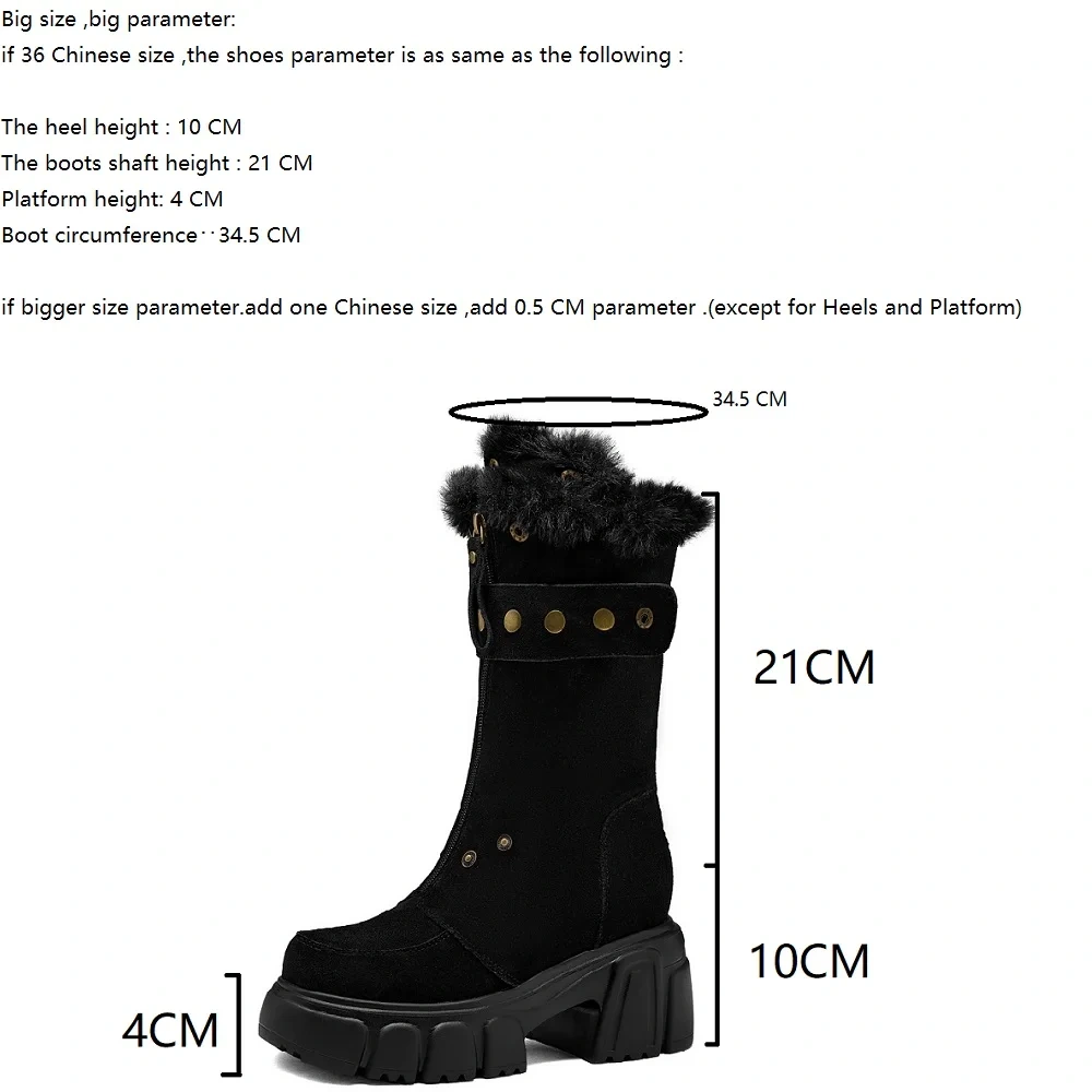 Suede Genuine Leather Fashion Rivets 10 CM Block Heel Elevator Slim Fleece Lined Platform Non-Slip Women's Mid-Calf Boots 51118