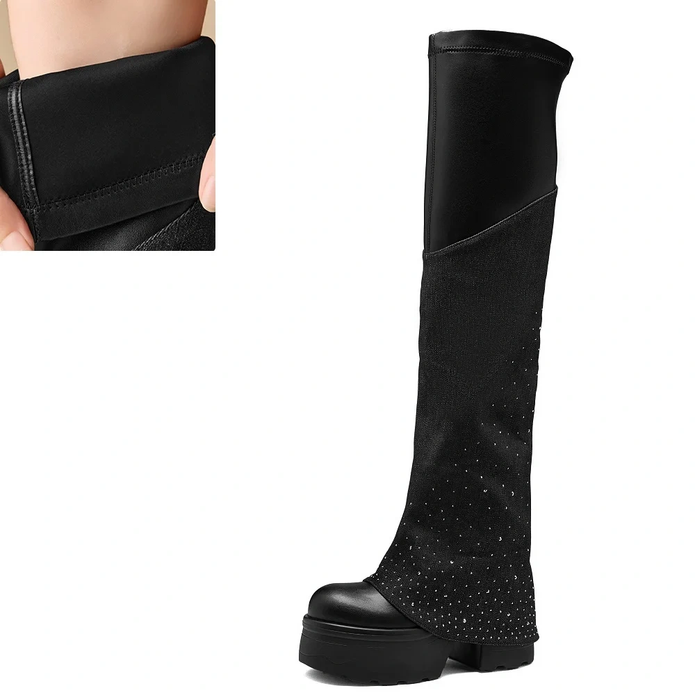 12 CM Block Heel Autumn Winter New Genuine Leather Denim Patchwork Round Toe Platform Crystals Fashion Knee-High Boots 51118