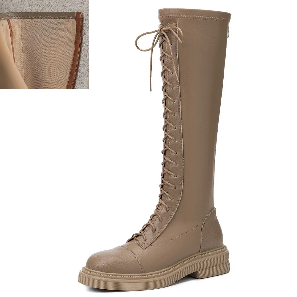 Women's Genuine Leather 4.5 CM Platform Lace-Up Fall Spring Boots Winter Light Fleece-Lined Back Zipper Knight Knee-High Boots