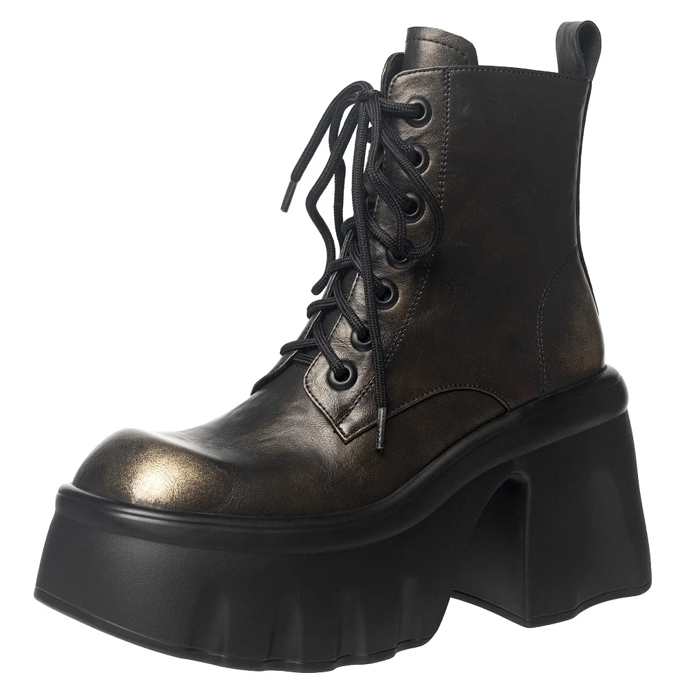 Autumn Winter Women's Genuine Leather 10 CM Block Heel Brush-Off Square Toe Zipper Platform Fleece-Lined Warm Ankle Boots 51121