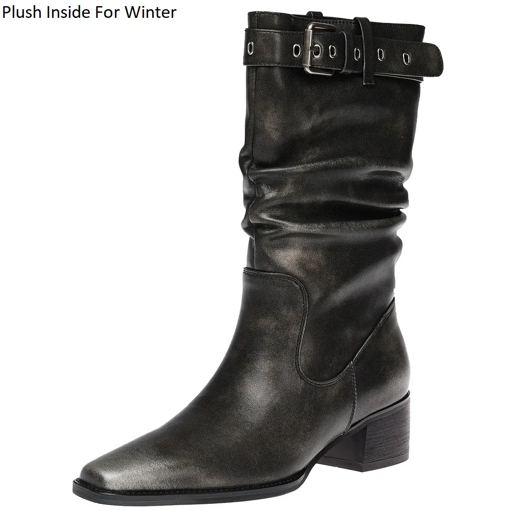 Women's Retro Distressed Genuine Leather Buckle 4.5CM Block Heel Soft Sole Plush Lined Warm Winter Autumn Lazy Style Boots 51103