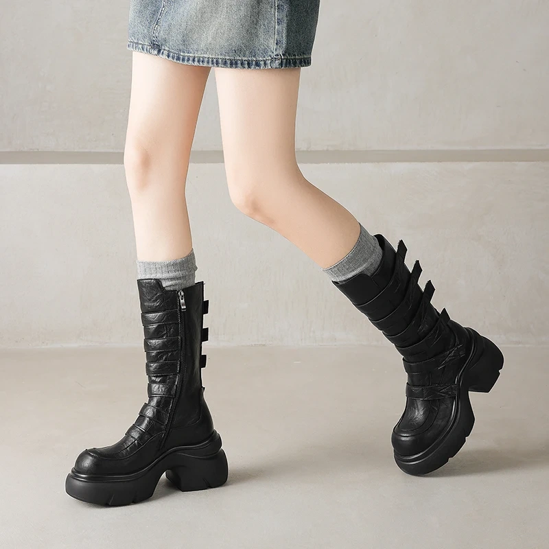 7CM Block Heel Leather Biker Boots Women's Zipper Platform British Retro Mid-Calf Boots 2025 Autumn Winter New Style 51031