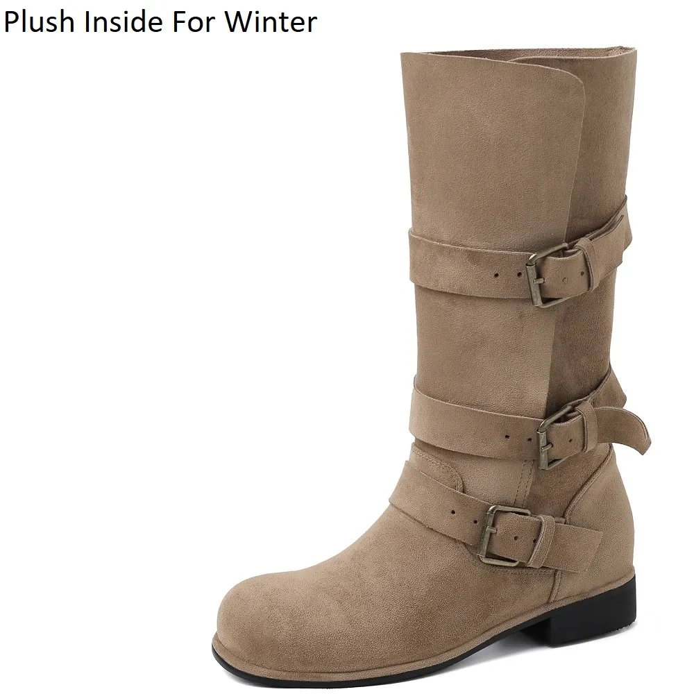 Autumn Winter Western Cowboy Women Suede Leather 3CM Block Heel Buckle Slip-On Casual Korean Plus Size 42 Mid-Calf Boots 51117
