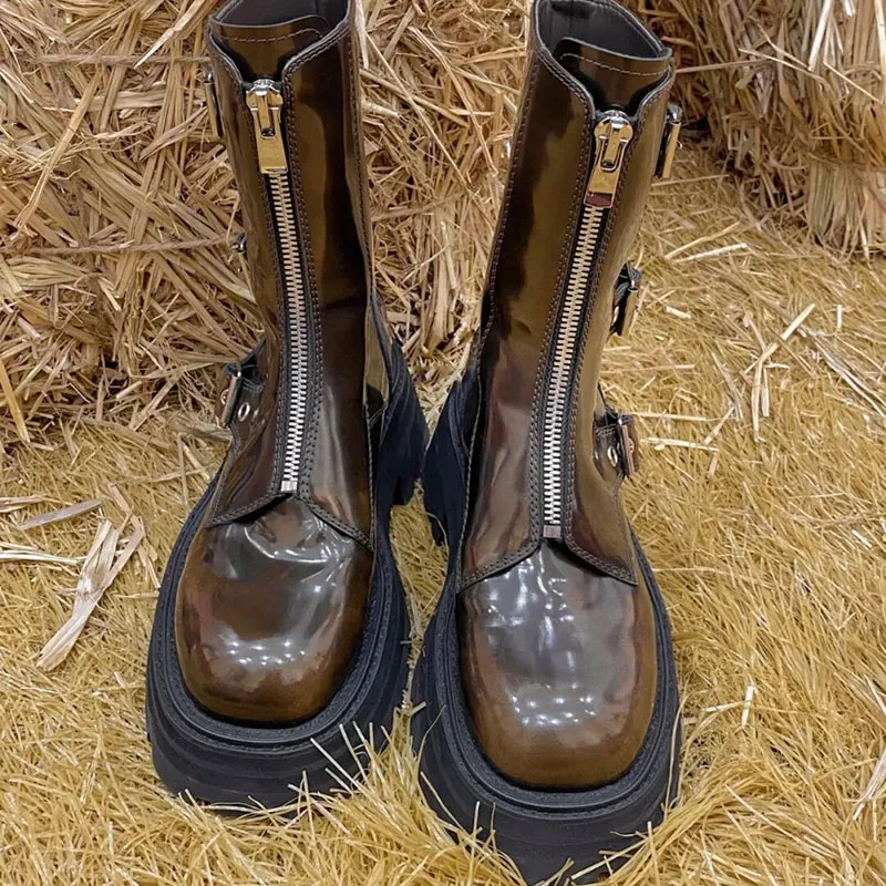 Spring Autumn Winter Punk Style Slim Thick Heels Square Toe Belt Buckles Patent Leather Women Ankle Short Motorcycle Boots 2302