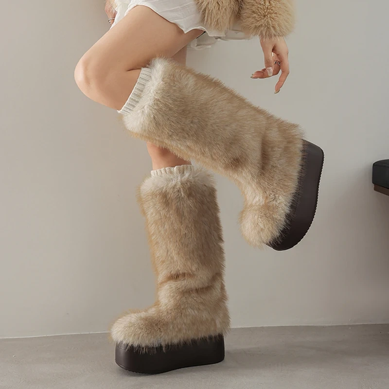 2025 Winter Women's Fox Fur Cotton Boots 8CM Platform Fleece-Lined Warm Non-Slip Height Increasing Round Toe Slip-On Boots 51121