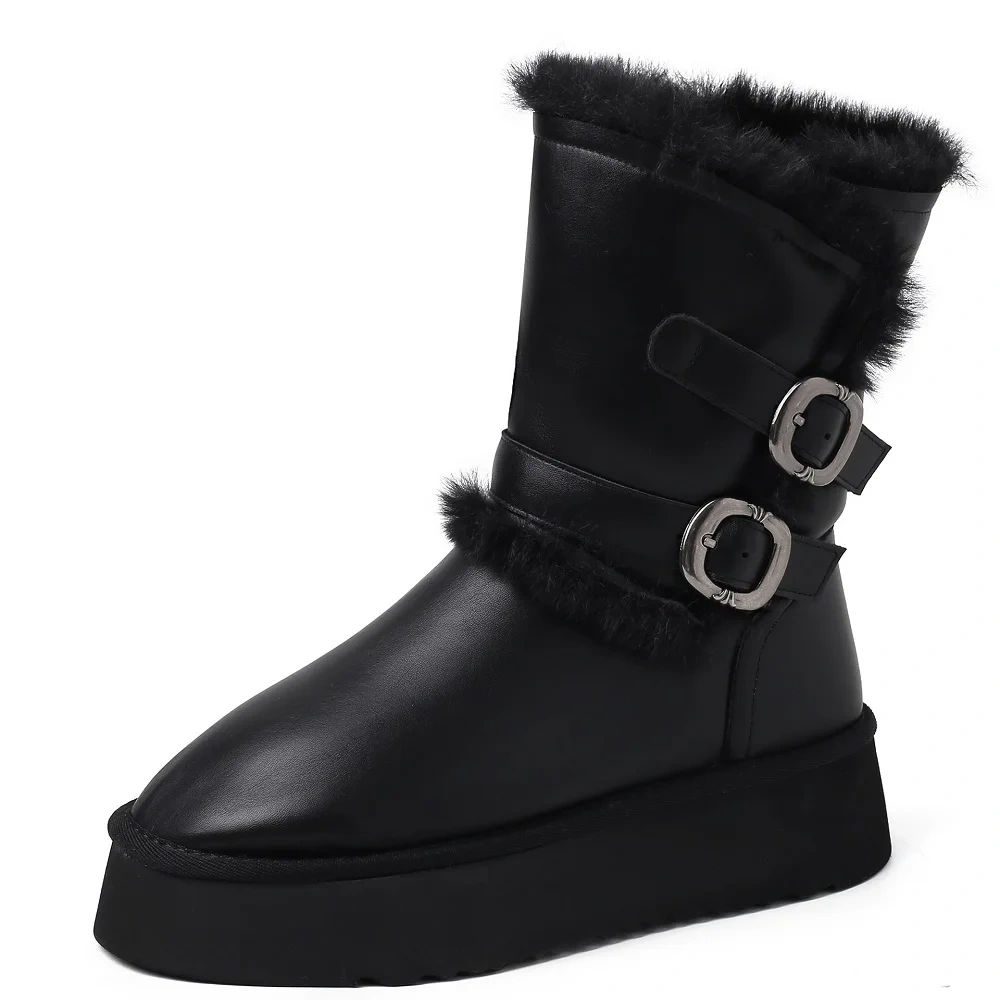 4CM Platform Buckle Genuine Leather Slip-On Winter Fleece Lined Non-Slip Round Toe Casual Women's Plus Size 42 Ankle Boots 51117