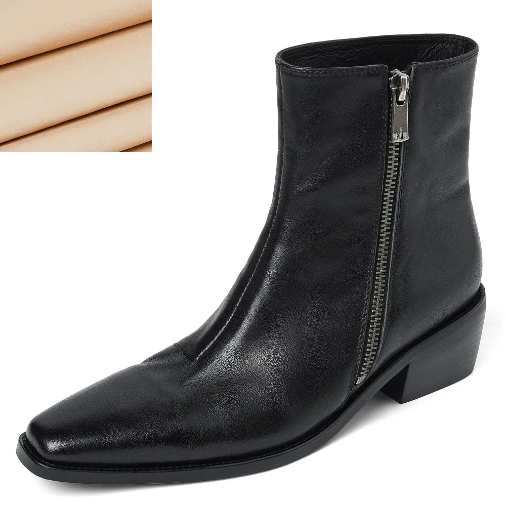 Women's Spring Autumn Chunky Heel 4.5 CM Genuine Leather Fashion Side Zipper Winter Fleece Lined Versatile Ankle Boots 60102