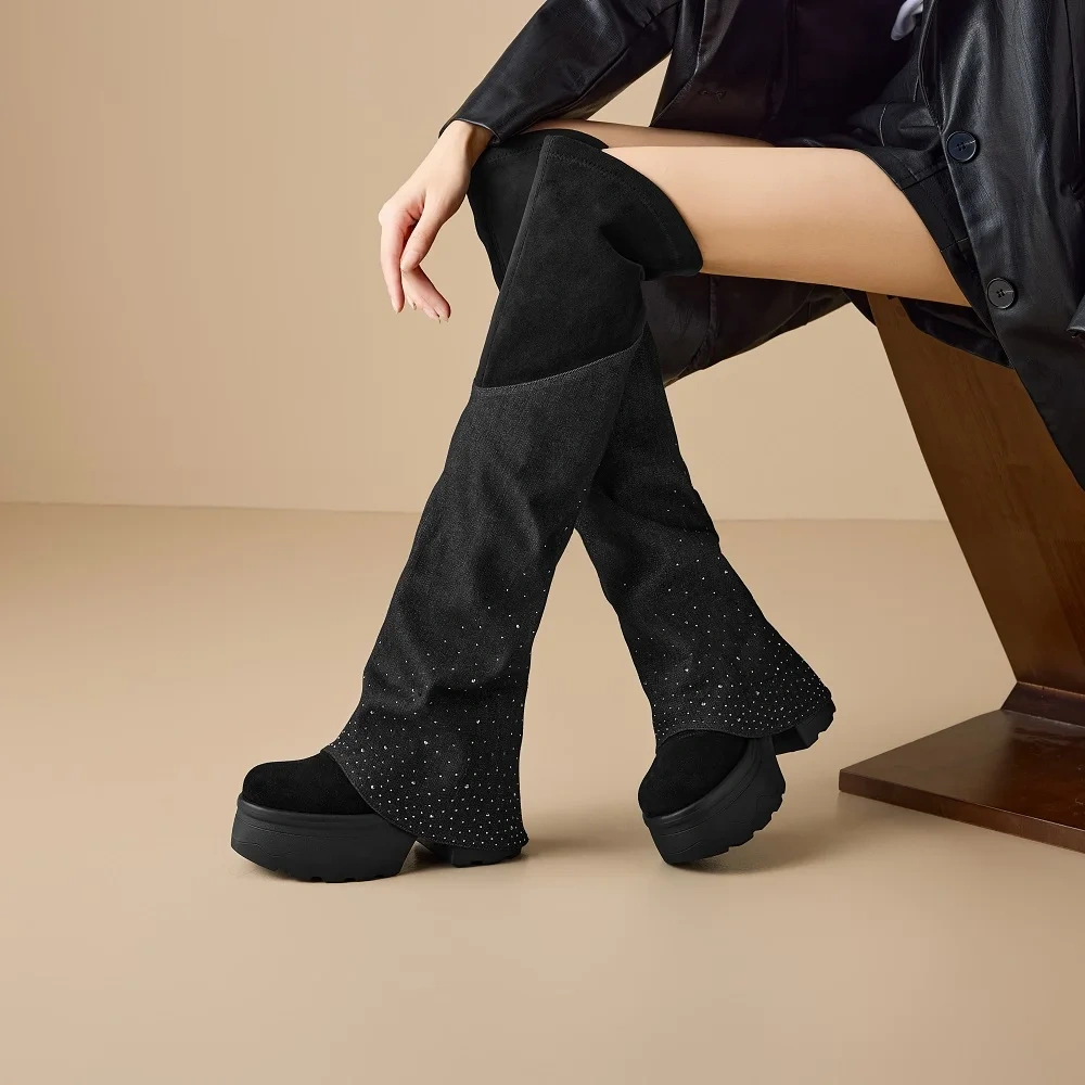 Women's 12 CM Block Heel Fashion Crystals Suede Slip On Round Toe Slimming Elevator Autumn Winter New Knee-High Boots 51118