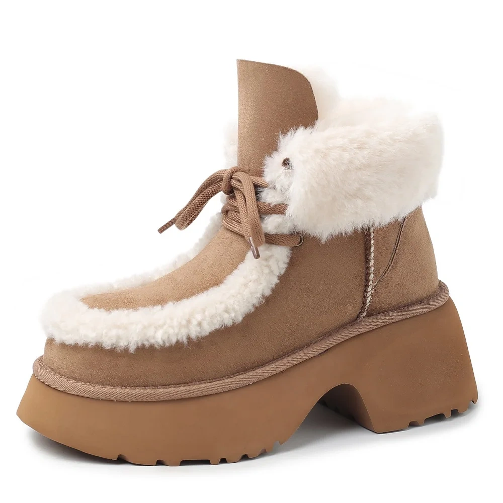 Winter New 7CM Square Heel Plus Size 42 Lace-Up Minimalist Casual Warm Fleece-Lined Round Toe Versatile Women's Snow Boots 51122