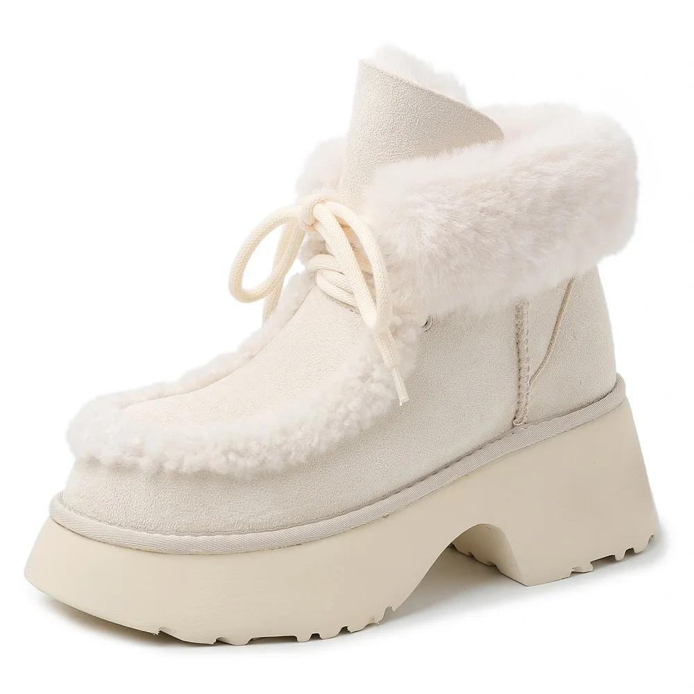 Winter New 7CM Square Heel Plus Size 42 Lace-Up Minimalist Casual Warm Fleece-Lined Round Toe Versatile Women's Snow Boots 51122