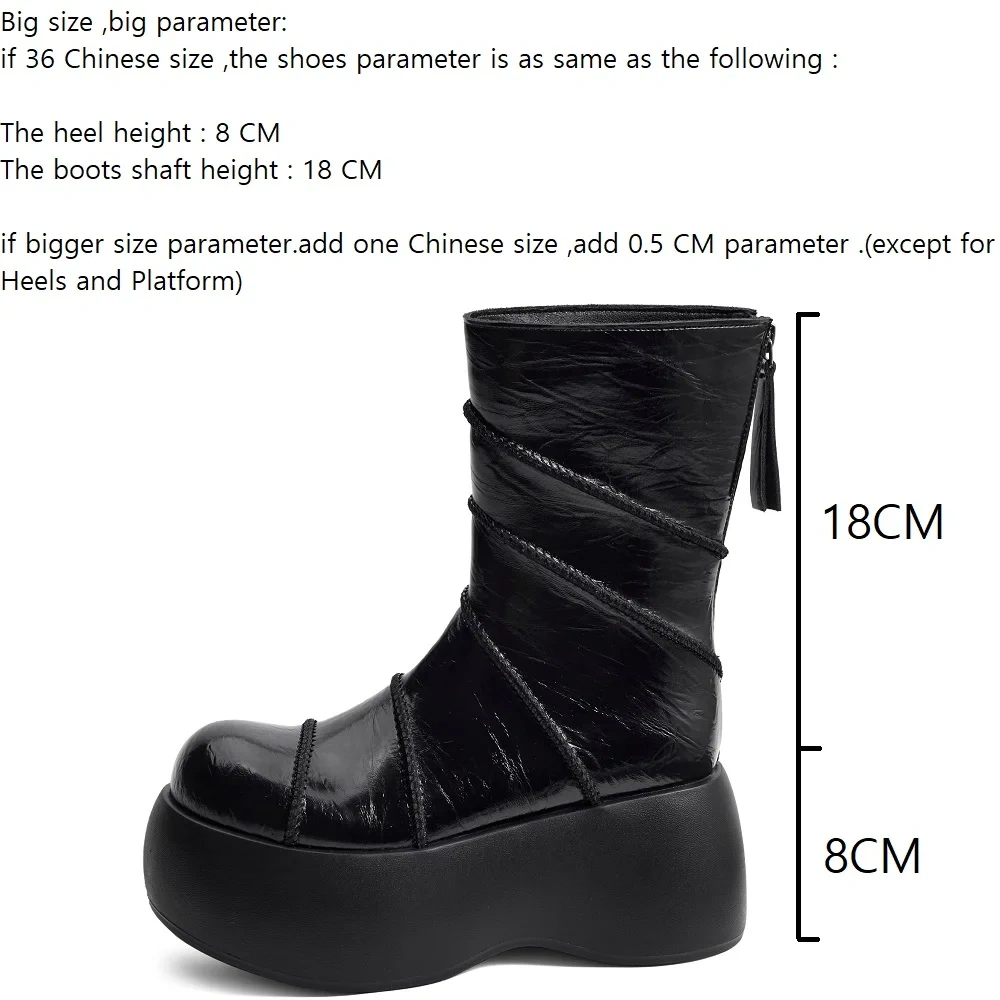 8CM Thick Sole Genuine Leather Patchwork Round Toe Platform Back Zipper Slimming Women's Ankle Boots 2025 Autumn Winter 51031
