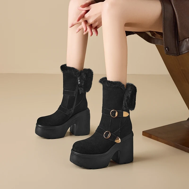 Winter Women's 12 CM Square Heel Suede Leather Side Zipper Round Toe Fleece-Lined Platform Anti-Slip Slim Mid-Calf Boots 51124