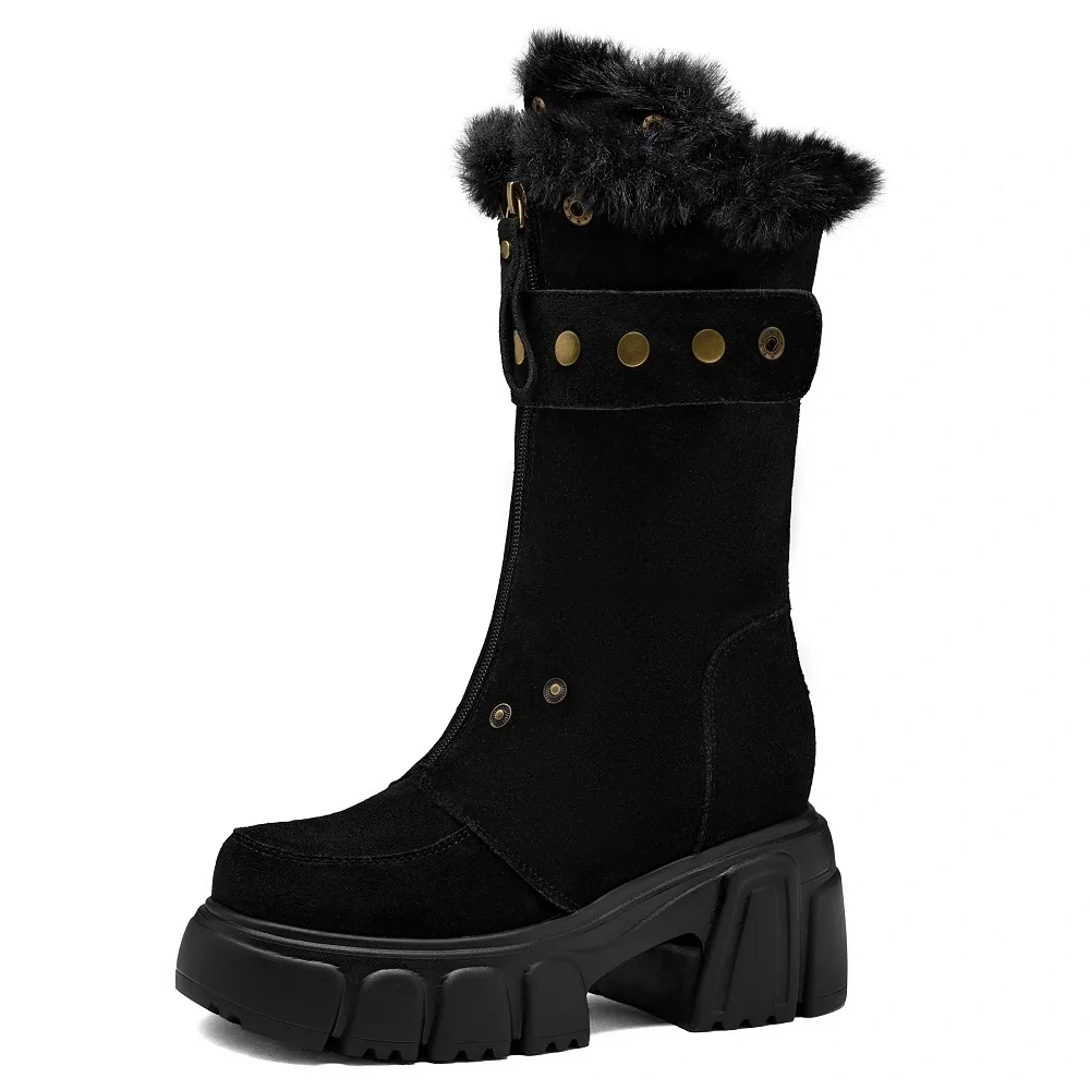 Suede Genuine Leather Fashion Rivets 10 CM Block Heel Elevator Slim Fleece Lined Platform Non-Slip Women's Mid-Calf Boots 51118