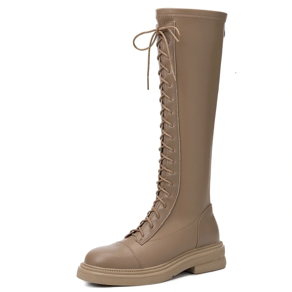 Women's Genuine Leather 4.5 CM Platform Lace-Up Fall Spring Boots Winter Light Fleece-Lined Back Zipper Knight Knee-High Boots