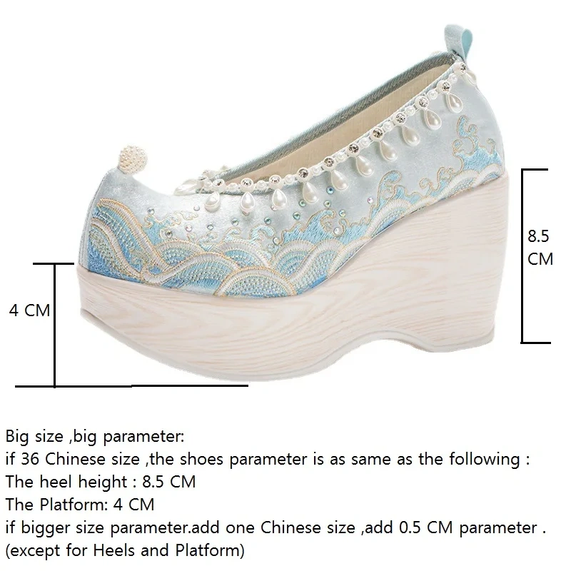 Spring Autumn National Style Wedges Point Toe Shallow Platform String Bead Embroider Canvas Women Casual Pumps Shoes 2107