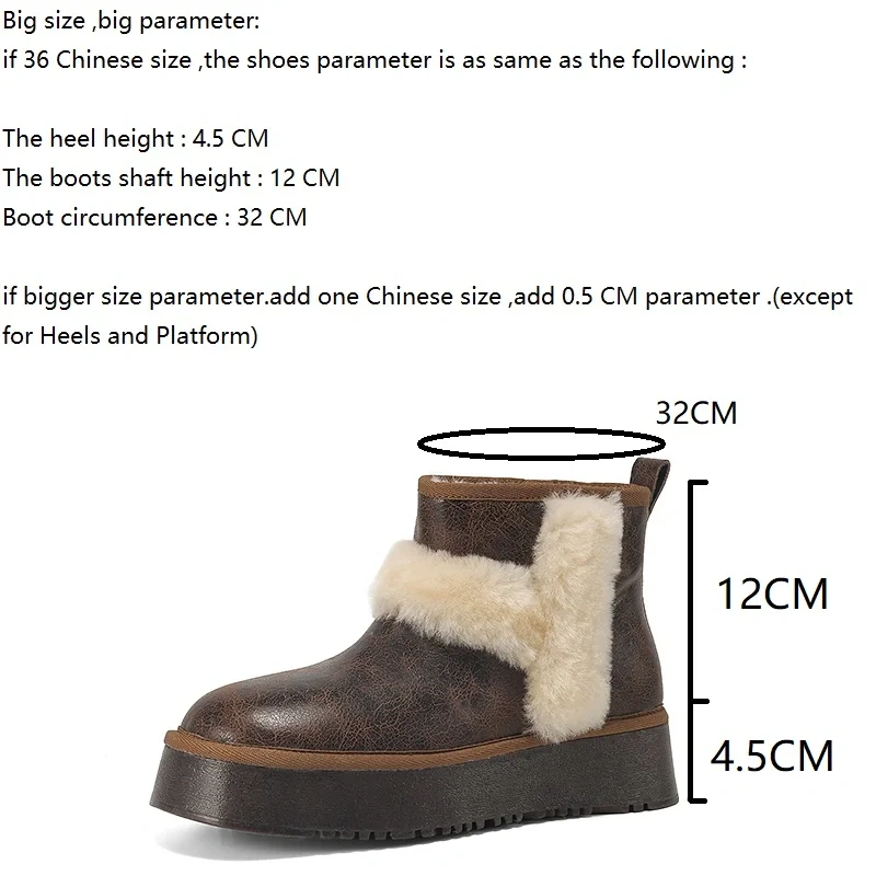 Winter Women's Genuine Leather 4.5 CM Thick Sole Plush Paneled Concise Platform Casual Round Toe Warm Non-Slip Ankle Boots 51119