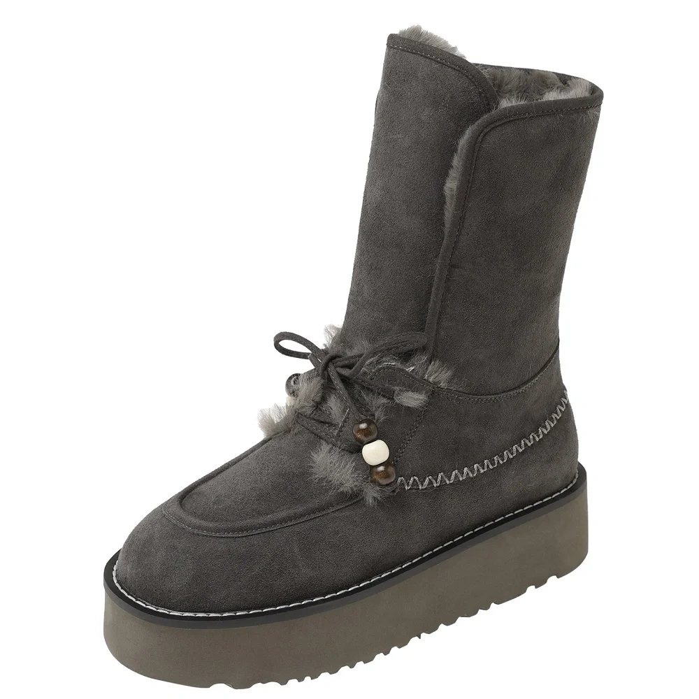Winter Women Genuine Leather 4.5CM Platform Matte Round Toe Beaded Slip-On Thick Fleece-Lined Warm Non-Slip Mid-Calf Boots 51121