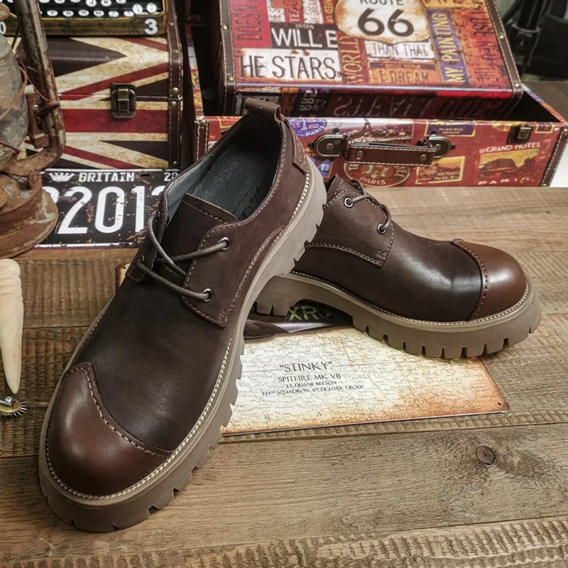 Spring Autmun New Arrival British Style Retro Chunky Bottom Platform Sewing Cross-tied Genuine Leather Men Work Shoes 2305