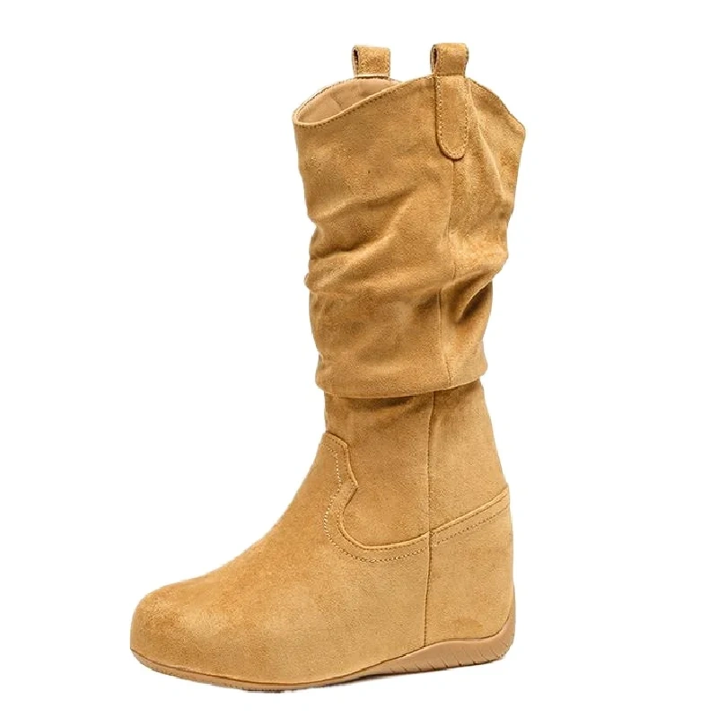 2025 New Women's Suede Leather Round Toe 10CM Hidden Heel Slim-Fit Fall Winter Versatile Casual Side Zipper Ruched Boots 51126