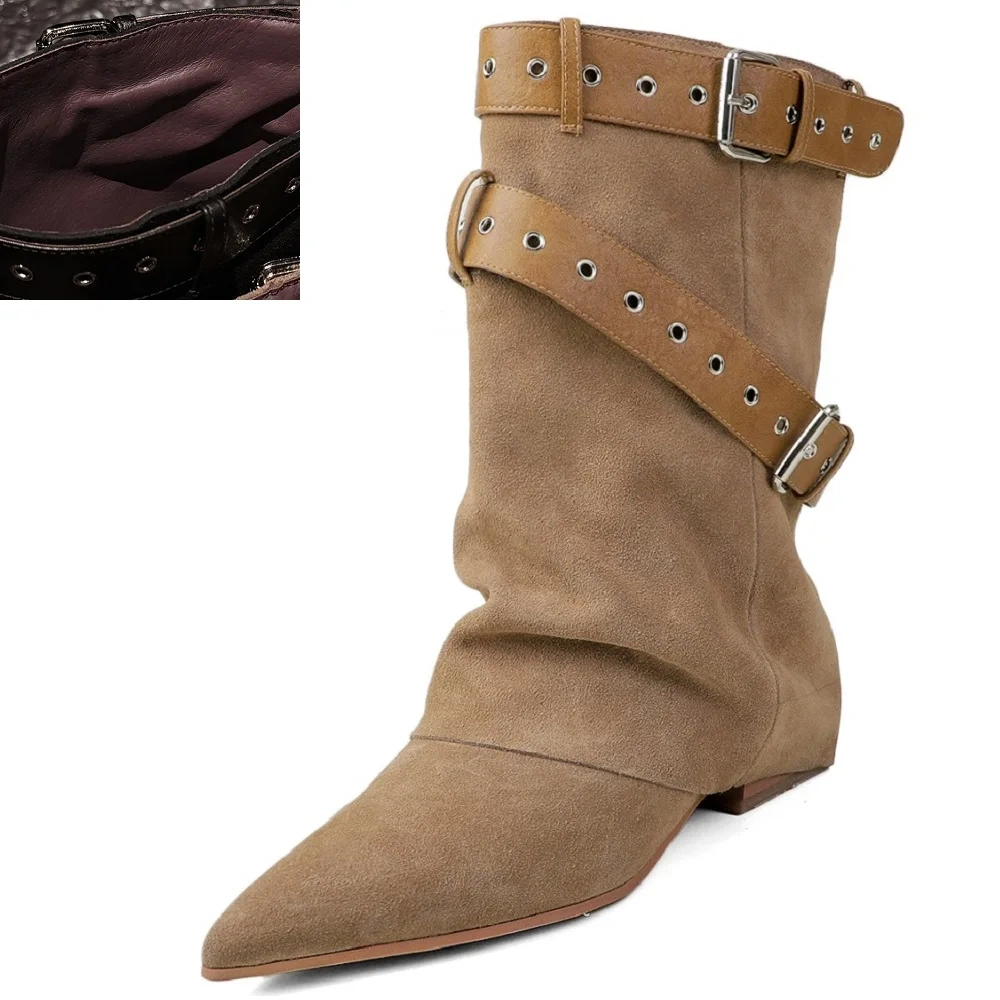 Pointed Toe Knight Boots Women Warm Winter Suede Leather Slip On Wrap Belt Buckle 3 CM Heel Spring Autumn Mid-Calf Boots 51129