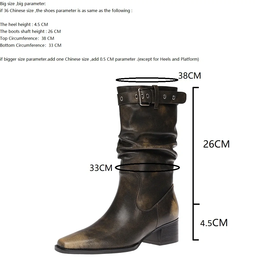Women's Retro Distressed Genuine Leather Buckle 4.5CM Block Heel Soft Sole Plush Lined Warm Winter Autumn Lazy Style Boots 51103
