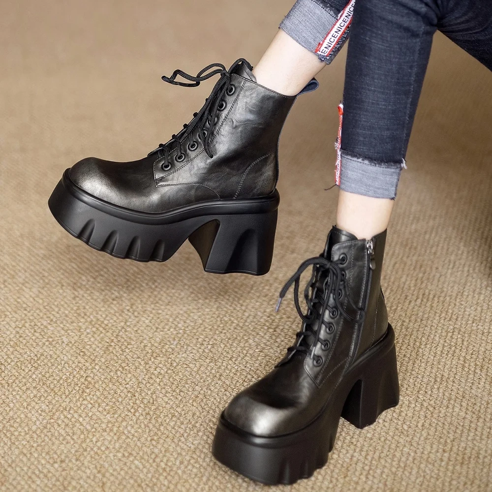 Autumn Winter Women's Genuine Leather 10 CM Block Heel Brush-Off Square Toe Zipper Platform Fleece-Lined Warm Ankle Boots 51121