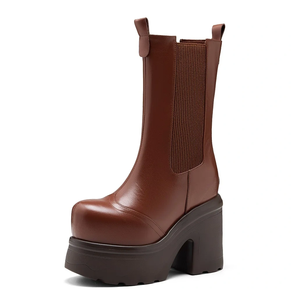Women's 14CM Block Heel Real Leather Spring Autumn Winter Round Toe Slip-On Platform Anti-Slip Comfortable Mid-Calf Boots 51125