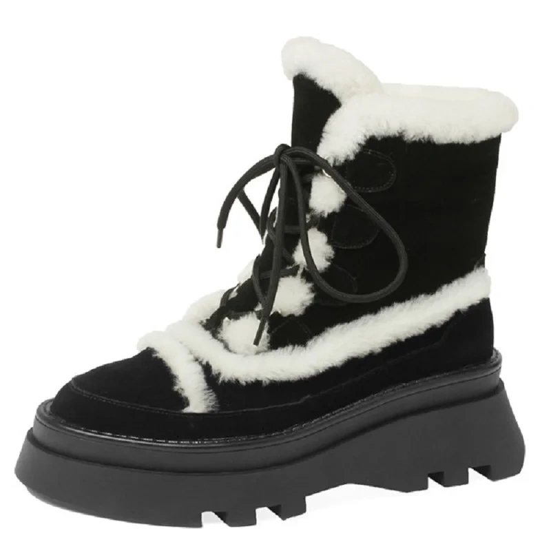 Winter New Women's Genuine Leather Snow Boots Matte Round Toe Lamb Wool Fleece-Lined Warm Lace-Up Casual Non-Slip Boots 51121