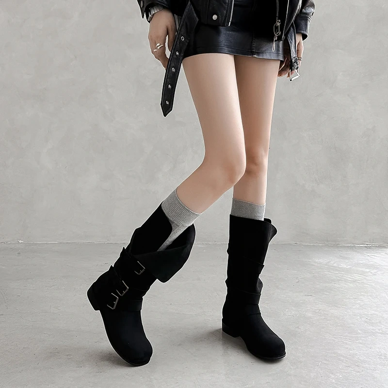 Autumn Winter Western Cowboy Women Suede Leather 3CM Block Heel Buckle Slip-On Casual Korean Plus Size 42 Mid-Calf Boots 51117