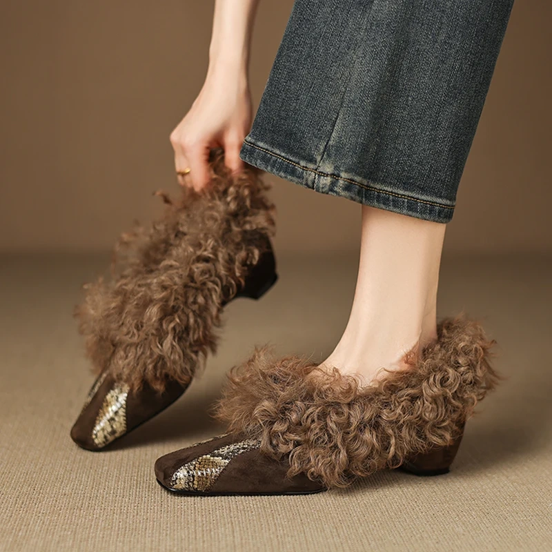 2025 Winter New Suede 4.5 CM Block Heel French Square Toe Lamb Wool Fashion Pumps Fleece-Lined Warm Slip-On Women's Shoes 51121