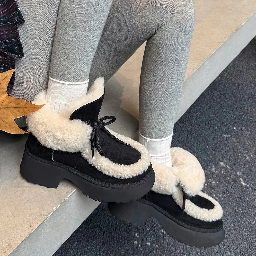 Winter New 7CM Square Heel Plus Size 42 Lace-Up Minimalist Casual Warm Fleece-Lined Round Toe Versatile Women's Snow Boots 51122