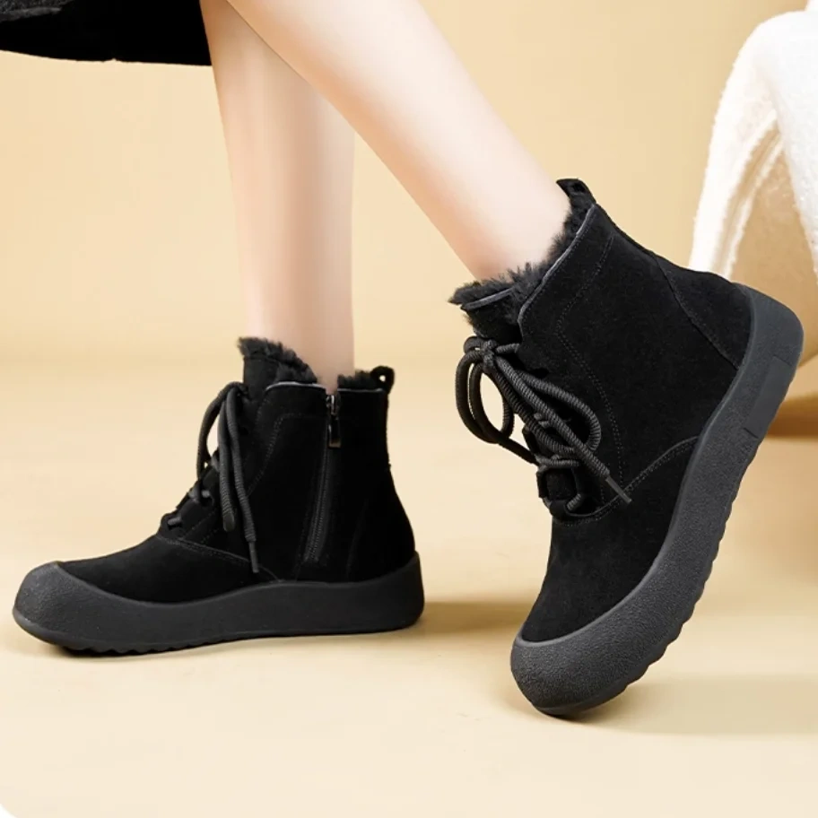 Women's New Winter Genuine Leather Round Toe Side Zipper 3.5 CM Thick Sole Warm Plush Lining Non-Slip Concise Snow Boots 51124