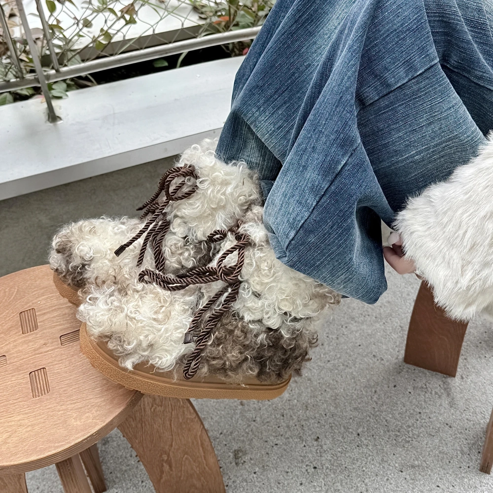 Winter Color Block Wool Blend Snow Boots 4CM Platform Round Toe Fleece-Lined Warm Slip-On Lace-Up Non-Slip Casual Boots 51122