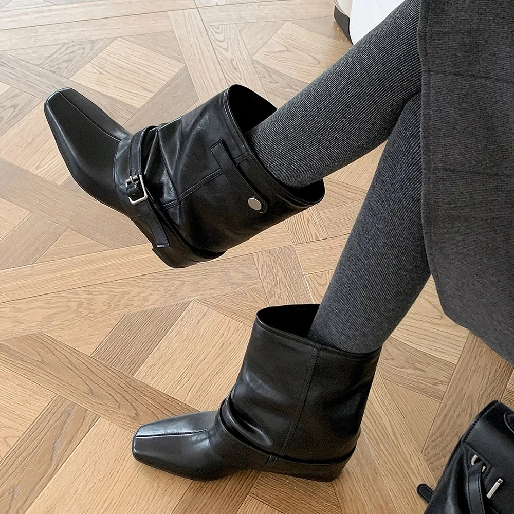 Genuine Leather Fashion Square Toe Slip On Belt Buckle Versatile Spring Autumn 5 CM Inner Elevator Winter Women's Boots 60105