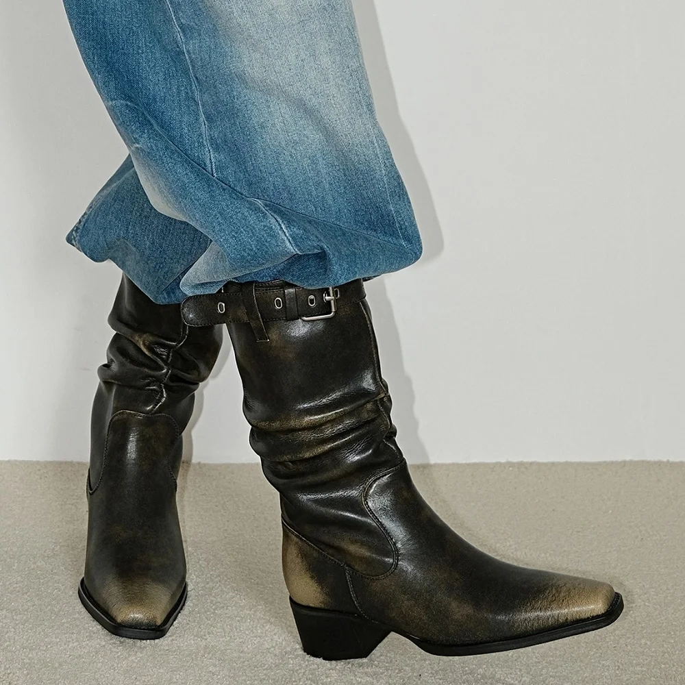 Women's Retro Distressed Genuine Leather Buckle 4.5CM Block Heel Soft Sole Plush Lined Warm Winter Autumn Lazy Style Boots 51103