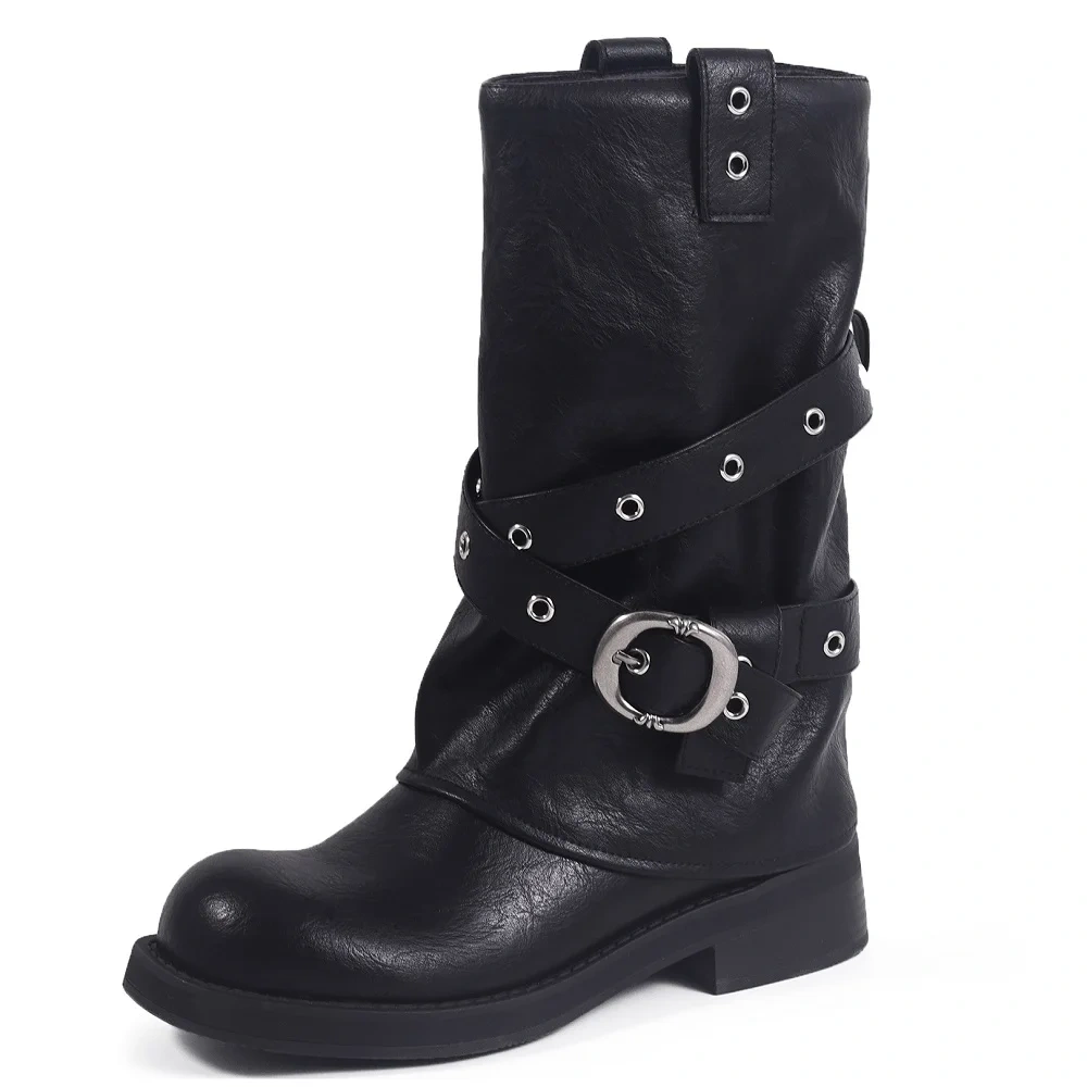 2025 Autumn Winter New Women's Maillard Vintage Genuine Leather Wrap Buckle Slip On 4 CM Block Heel Concise Mid-Calf Boots 51107