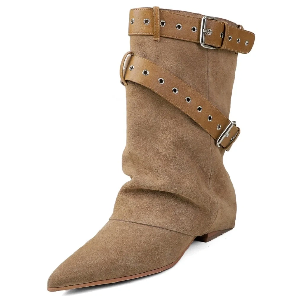 Pointed Toe Knight Boots Women Warm Winter Suede Leather Slip On Wrap Belt Buckle 3 CM Heel Spring Autumn Mid-Calf Boots 51129